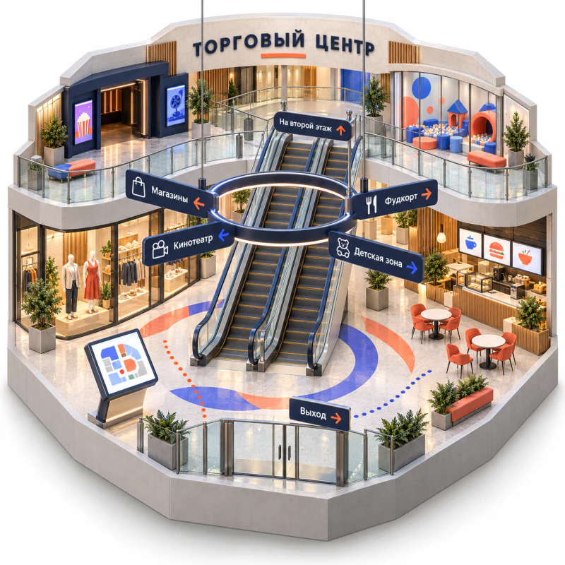 Изометрия атриума торгового центра: эскалаторы, подвесные указатели на магазины, фудкорт, кинотеатр и детскую зону, интерактивная стела со схемой